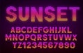 Futuristic retrowave font. Striped gradient glowing letters and numbers on dark background.