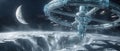 Futuristic Ring Space Station Hovering Above Icy Moon Surface With Distant Crescent Planet Royalty Free Stock Photo