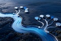 Futuristic river network concept with connected nodes in abstract landscape Royalty Free Stock Photo