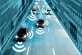 Futuristic road genius intelligent self driving smart cars,Artificial Intelligence system,sensing and wireless network Royalty Free Stock Photo