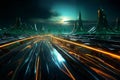 futuristic road, metropolis at night, with virtual reality holograms, digital future, cyberspace visualization, street Royalty Free Stock Photo