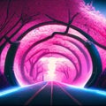 Futuristic road tunnel with neon lights and trees. 3d rendering AI generated