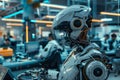 A futuristic robot in an advanced tech lab working diligently on complex tasks during the day