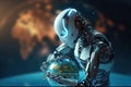 Futuristic Robot AI with Earthworld Technology for Business Industry Security Royalty Free Stock Photo