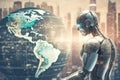 Futuristic Robot AI with Earthworld Technology for Business Security Royalty Free Stock Photo