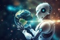Futuristic Robot AI with Earthworld Technology for Business Security Royalty Free Stock Photo