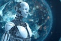 Futuristic Robot AI with Earthworld Technology for Security and Business Industry Royalty Free Stock Photo