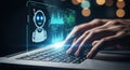 Futuristic robot ai interface on laptop with hands typing in soft bokeh lights Royalty Free Stock Photo