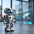 Futuristic robot analyzing business data on a transparent screen Royalty Free Stock Photo
