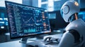 A futuristic robot analyzing complex data on a computer screen in a hightech environment showcasing advancements in artificial