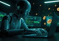 Futuristic robot analyzing cryptocurrency data on laptop in digital finance environment Royalty Free Stock Photo