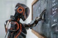 Futuristic robot analyzing data on chalkboard with neon highlights. The concept of AI and robot training.. AI
