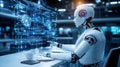 Futuristic robot analyzing data on digital interface in modern high-tech office environment with advanced ai technology