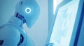 Futuristic robot analyzing data on digital screen
