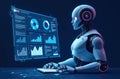 Futuristic robot analyzing data on digital screen in tech environment