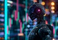 Futuristic Robot Analyzing Data on Digital Screens in a HighTech Environment with Colorful Lights
