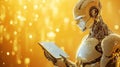 Futuristic robot analyzing data on digital tablet amidst gold sparkles