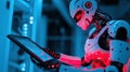 Futuristic robot analyzing data on digital tablet in high-tech environment