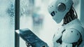 Futuristic robot analyzing data on digital tablet in rainy urban setting