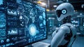 Futuristic robot analyzing data displayed on digital screen