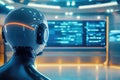 Futuristic robot analyzing data on a high-tech screen in modern control room