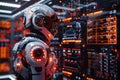 Futuristic robot analyzing data on high-tech screens in a server room, showcasing advancements in artificial intelligence and