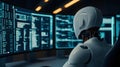 Futuristic Robot Analyzing Data on Multiple Computer Monitors Royalty Free Stock Photo