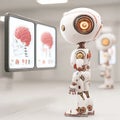 Futuristic robot analyzing digital brain data on interactive screens in high-tech laboratory Royalty Free Stock Photo