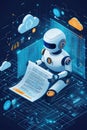 Futuristic robot analyzing digital data with charts and cloud connectivity
