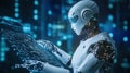 Futuristic robot analyzing digital data on a holographic screen