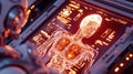 Futuristic robot analyzing digital human anatomy on interactive screen