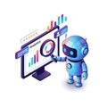 Futuristic robot analyzing financial data and analytics on digital screen with magnifying glass with user interface Royalty Free Stock Photo