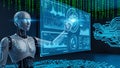 Futuristic robot analyzing financial data and market trends on digital screen Royalty Free Stock Photo