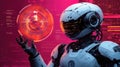 Futuristic robot analyzing holographic interface in a tech environment