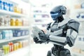 Futuristic robot analyzing information in a pharmacy or store environment, showcasing advanced AI technology and Royalty Free Stock Photo