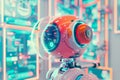 Futuristic Robot analyzing and monitoring data in control center sever room with AI interfaces. Advanced technology. Royalty Free Stock Photo