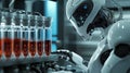 Futuristic robot analyzing test tubes in a high-tech laboratory setting
