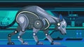 A futuristic robot animal with metallic parts and glowing elements, exploring a high-tech lab with a sci-fi background.