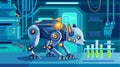 A futuristic robot animal with metallic parts and glowing elements, exploring a high-tech lab with a sci-fi background.