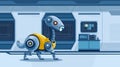 A futuristic robot animal with metallic parts and glowing elements, exploring a high-tech lab with a sci-fi background.
