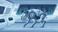 A futuristic robot animal with metallic parts and glowing elements, exploring a high-tech lab with a sci-fi background.
