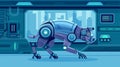 A futuristic robot animal with metallic parts and glowing elements, exploring a high-tech lab with a sci-fi background.
