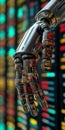 Futuristic Robot Arm Analyzing Complex Data Streams in a High-Tech Financial Environment Today Royalty Free Stock Photo