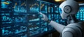 Futuristic Robot Arm Analyzing Complex Stock Market Data on a Holographic Display Screen. Royalty Free Stock Photo