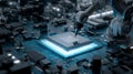 Futuristic robot arm artificial intelligence chip advanced processor blue circuit board microchip manufacturing technology Royalty Free Stock Photo