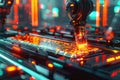 Futuristic robot arm assembling microchip in automated production line