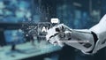 Futuristic Robot Arm Interacting with AI Technology Interface in a Modern Digital Environment with Data Visualizations Royalty Free Stock Photo