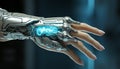 Futuristic robot arm points, connecting human and digital worlds generated by AI