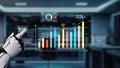 Futuristic Robot Arm Presenting Dynamic Financial Graphs and Data Visualizations in Modern Office Environment for Royalty Free Stock Photo