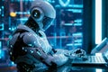 A futuristic robot with artificial intelligence sits at a computer and solves a complex problem.